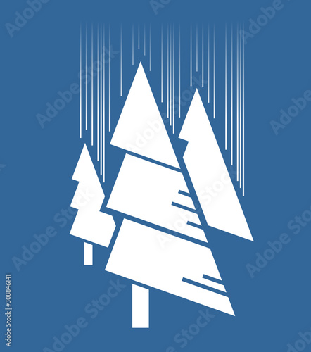 Abstract nature in minimalism with spruces and falling snow. Christmas tree simple outline design with white snowflakes on blue background.
