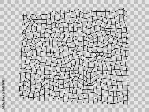 Fishing net monochrome square cells with waves. Vector object on isolated transparent background.