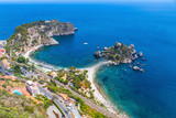 Aerial view of Isola Bella island and beach in Taormina, Sicily, Italy. Ionian seacoast. Isola Bella (Sicilian: Isula Bedda) also known as The Pearl of the Ionian Sea
