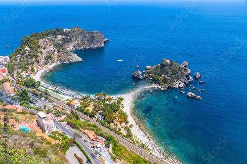 Aerial view of Isola Bella island and beach in Taormina  Sicily  Italy. Ionian seacoast. Isola Bella  Sicilian  Isula Bedda  also known as The Pearl of the Ionian Sea