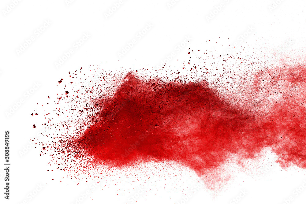 Red powder explosion on white background. Colored cloud. Colorful dust explode. Paint Holi.