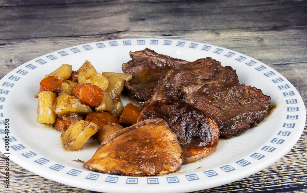 HOOK OF STEAK WITH POTATOES AND PORCINI MUSHROOMS HOOK OF STEAK WITH POTATOES AND PORCINI MUSHROOMS