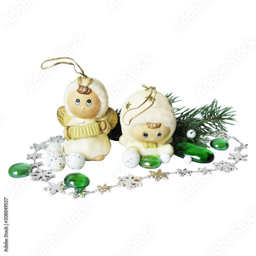Two cute white Christmas Angels on white background. Isolated