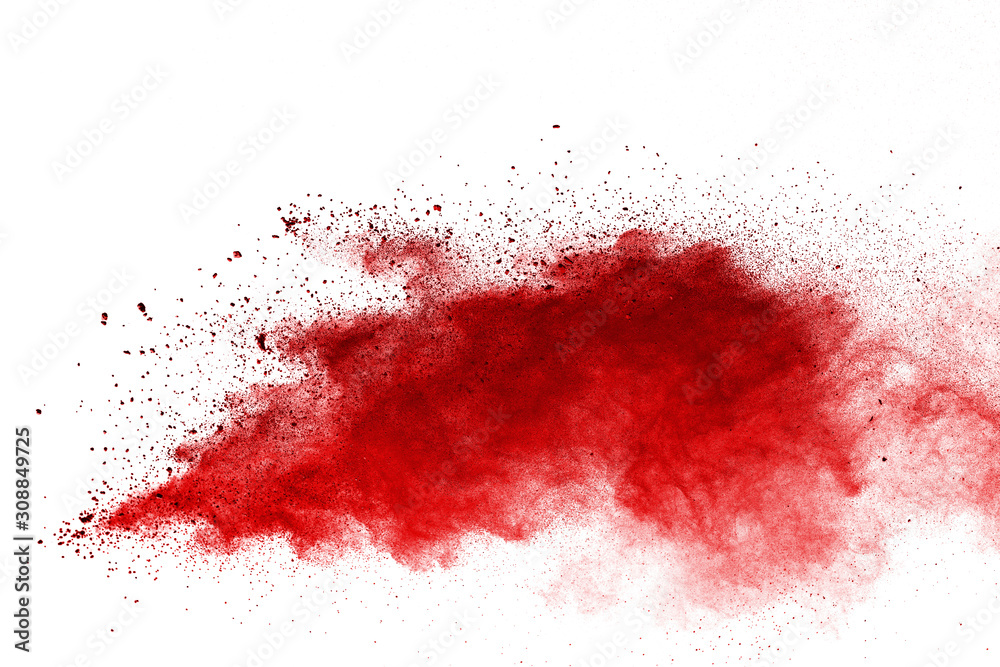 Red powder explosion on white background. Colored cloud. Colorful dust explode. Paint Holi.