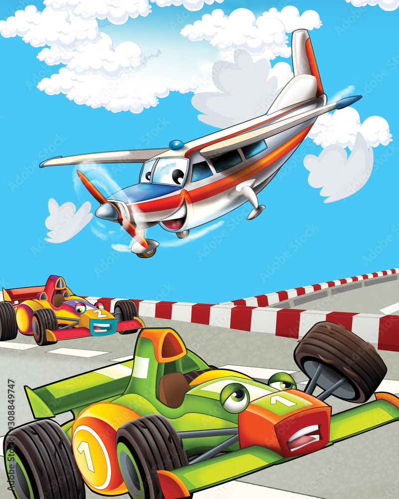 Fototapeta premium cartoon scene with super car racing and observing plane is flying over - illustration for children