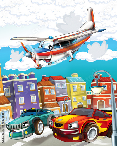 cartoon scene with super car racing and observing plane is flying over - illustration for children