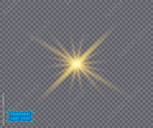 The yellow light of the sun, the flash of a star. Soft, glow transparent rays. Vector design element on isolated background.