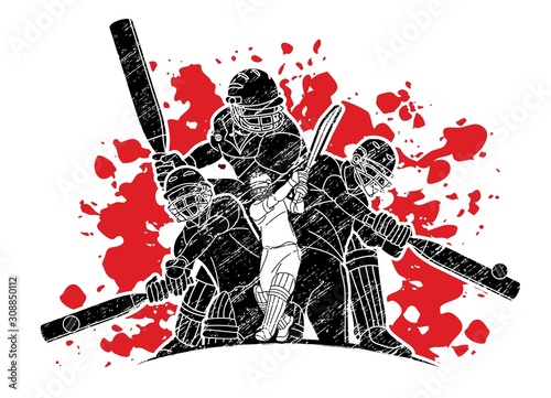 Group of Cricket players action cartoon sport graphic vector