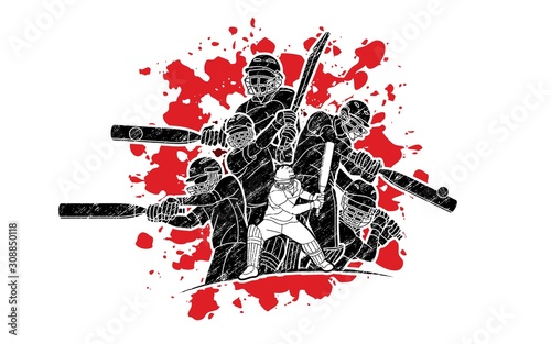 Group of Cricket players action cartoon sport graphic vector