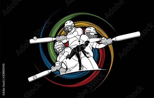 Group of Cricket players action cartoon sport graphic vector