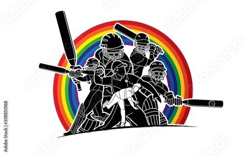 Group of Cricket players action cartoon sport graphic vector