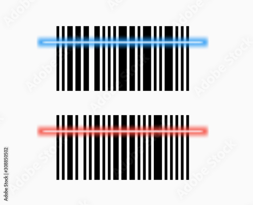 Vector barcode with blue and red laser. The concept of reading. Vector illustration. isolated background.