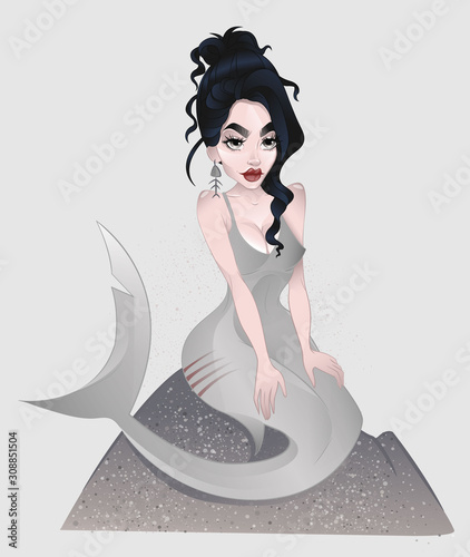 Brunette shark mermaid isolated sitting on the cliff