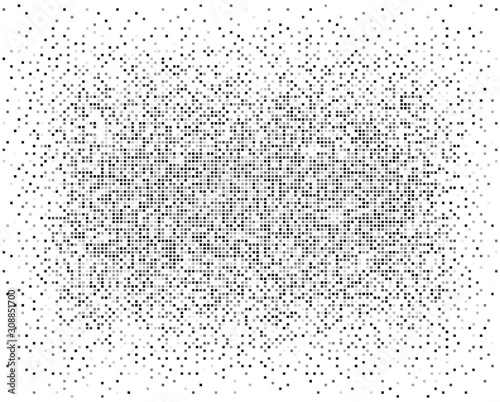Halftone pixels dissolve, small transparent chaotic particles. An explosion, the squares. Vector abstract illustration background.