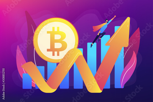 Virtual money capitalization rise. Blockchain technology. Cryptocurrency makes comeback, bitcoin price back, cryptocurrency market growth concept. Bright vibrant violet vector isolated illustration