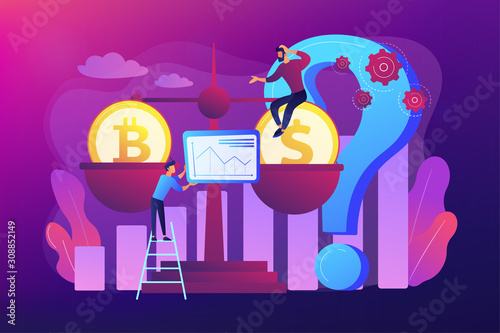 Virtual money exchange, market statistics analysis. Bitcoin price prediction, cryptocurrency price forecast, blockchain invest profitability concept. Bright vibrant violet vector isolated illustration
