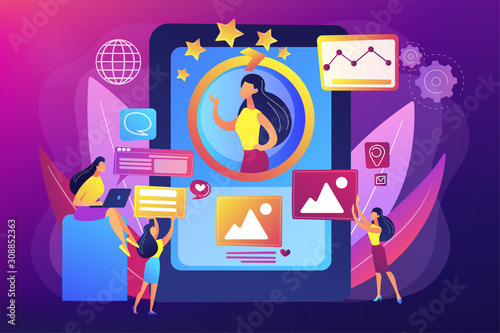 PR managers team working, personal development. Online identity management, digital Identity management, product web presence concept. Bright vibrant violet vector isolated illustration