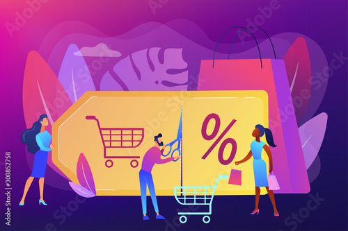 Customer attraction marketing. Shopping sale. Rewards scheme. Markdown program, promotional discount program, lowest price guarantee concept. Bright vibrant violet vector isolated illustration