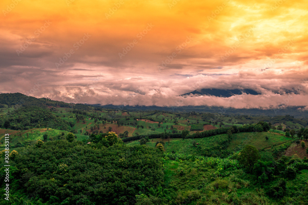 Fototapeta premium Blurred abstract background of high angle scenery, overlooking mountains, colorful skies, fresh air while traveling