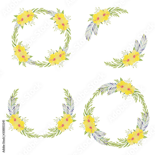 Yellow hibiscus floral circle wreath in watercolor collection