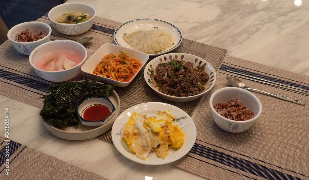 Breakfast in Korea with Bulgogi Rice Egg Seaweed Root Vegetable 
