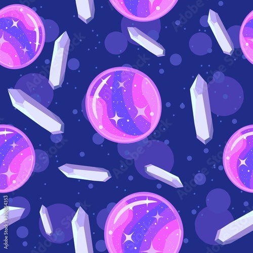 Moon shaped magic ball and amethyst crystal seamless pattern. Violet repetitive background about spirituality, paganism and good energy.