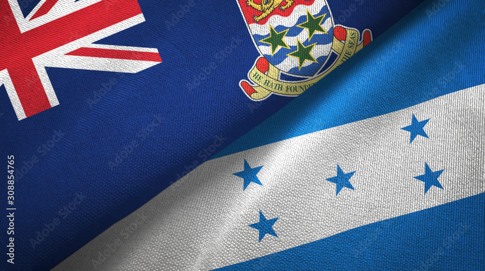 Fototapeta premium Cayman Islands and Honduras two flags textile cloth, fabric texture