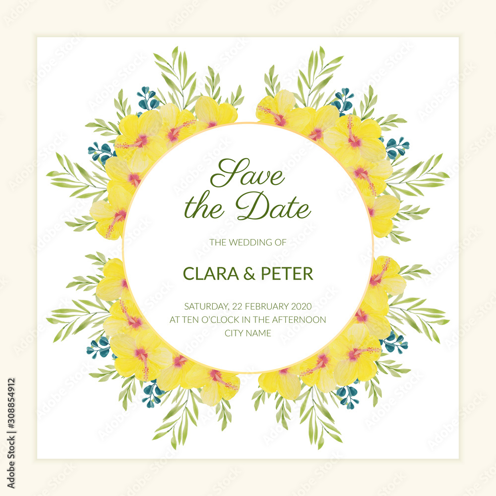 Floral save the date template with watercolor yellow hibiscus