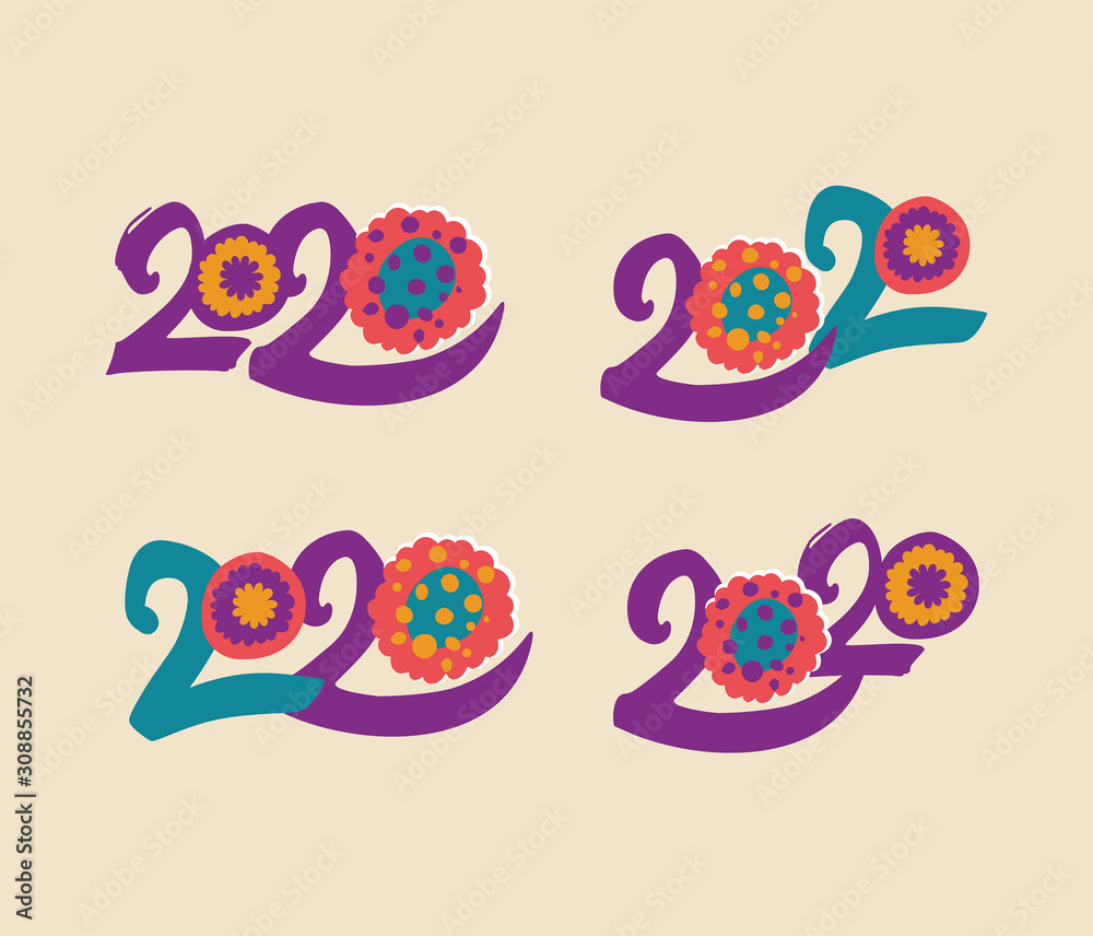 Handwritten 2020. Set of four bright floral 2020 templates. Year 2020 vector logo. Design template card, cover, calendar, brochure, poster, banner. Handwritten 2020. Set of four bright floral 2020 templates. Year 2020 vector logo. Design template card, cover, calendar, brochure, poster, banner.