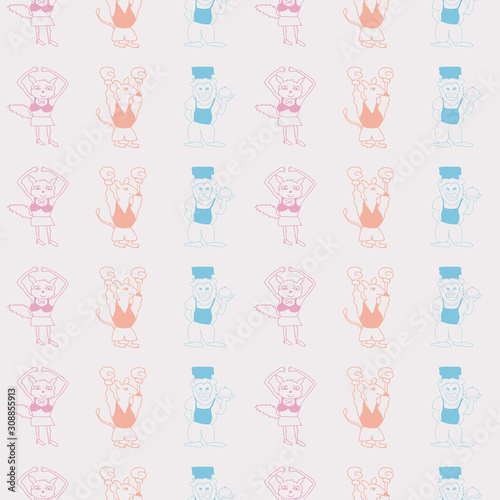 Vector white pastel tricolor vertical stripes anthropomorphic characters seamless pattern background