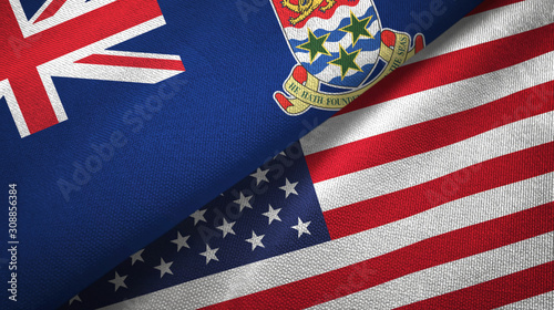 Cayman Islands and United States two flags textile cloth, fabric texture