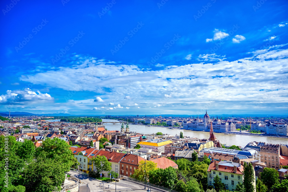 A view of Budapest, Hungary along the Danube River from Fisherman's Bastion.