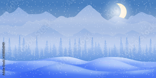 Fantasy on the theme of the winter landscape. Night, mountains and forest. Vector illustration, EPS10