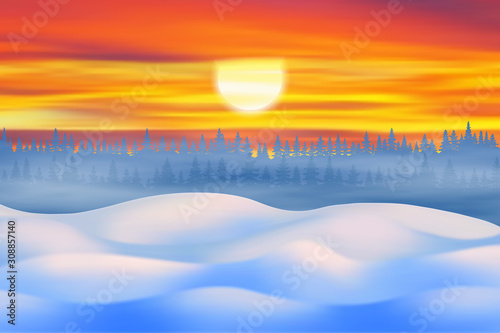 Fantasy on the theme of the winter landscape. The sun sets behind the trees. Forest and snow drifts. Vector illustration, EPS10	