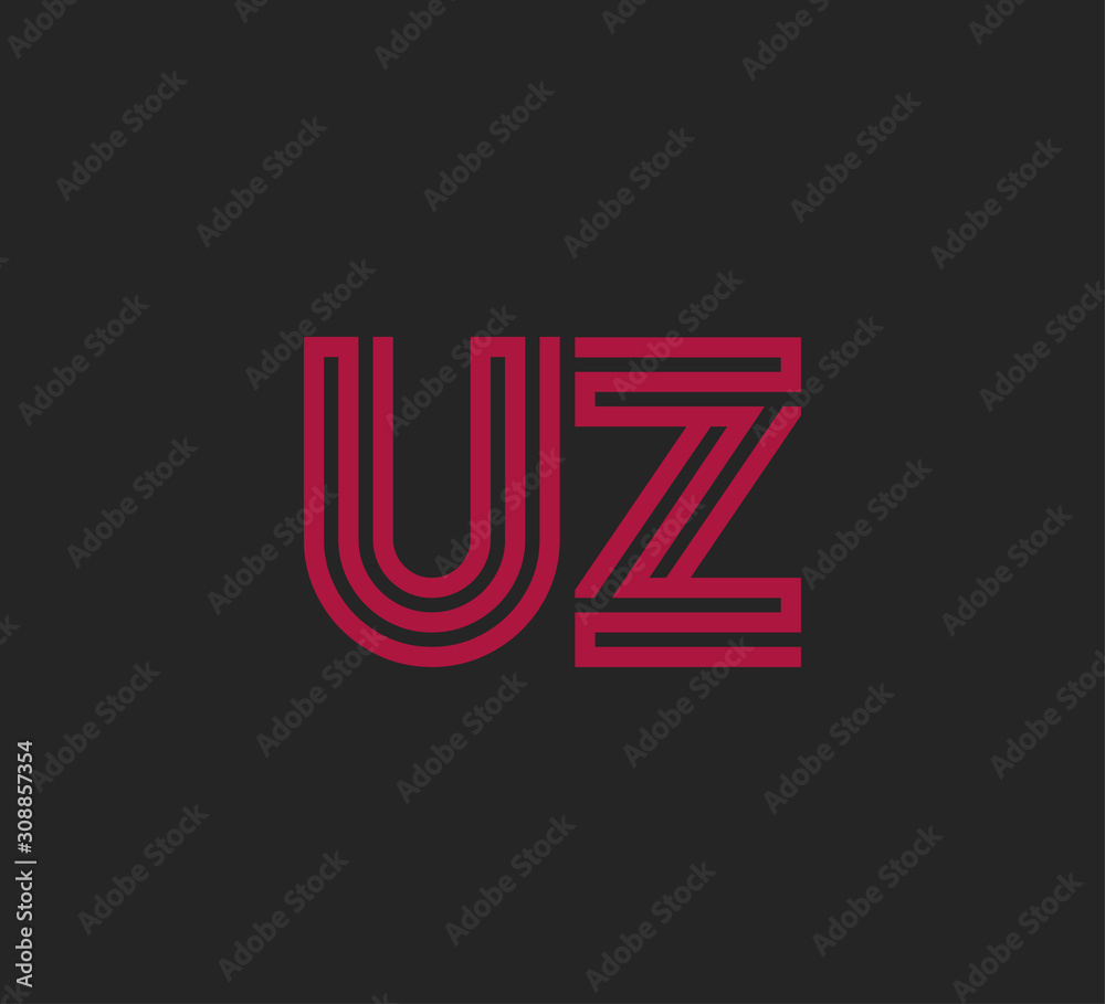 Initial two letter red line shape logo on black vector UZ