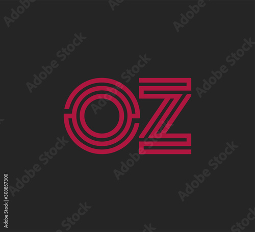 Initial two letter red line shape logo on black vector OZ