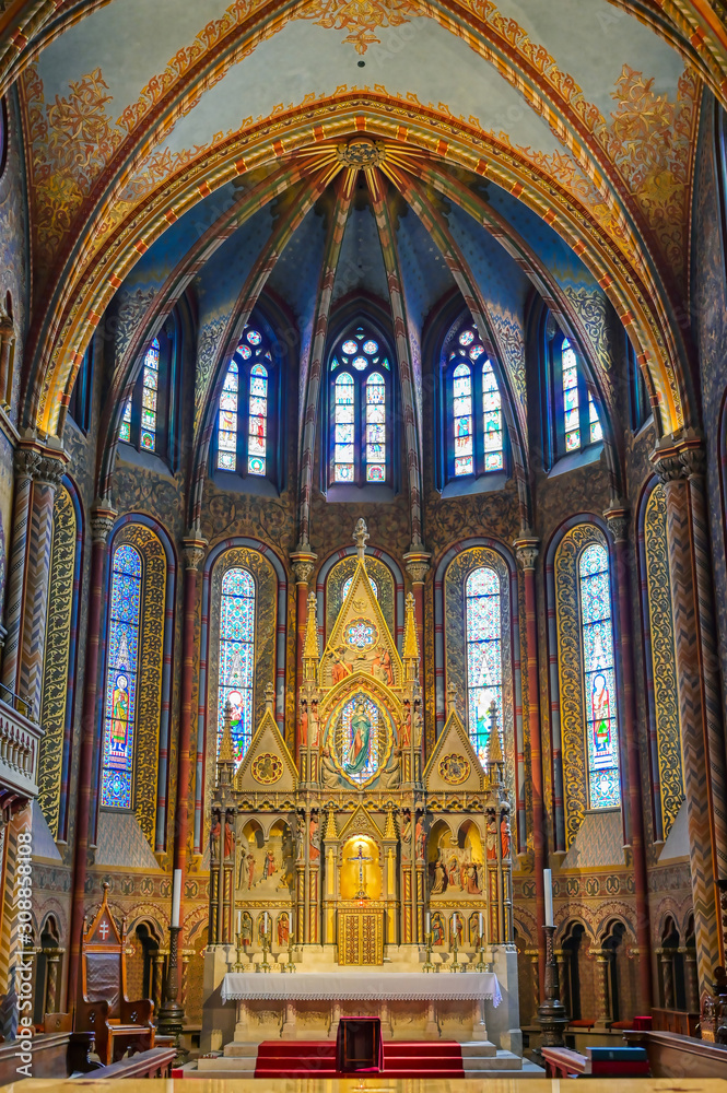 Budapest, Hungary - May 24, 2019 - The interior of the Church of the Assumption of the Buda Castle, more commonly known as the Matthias Church, located in Budapest, Hungary.