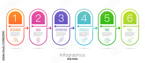 Infographics design vector with 6 options and business icons. Use in corporate report, marketing, annual report. Network management data screen with charts, diagrams.