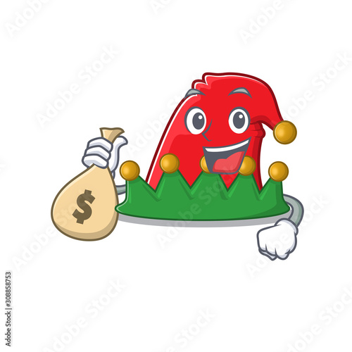 Cute elf hat cartoon character smiley with money bag