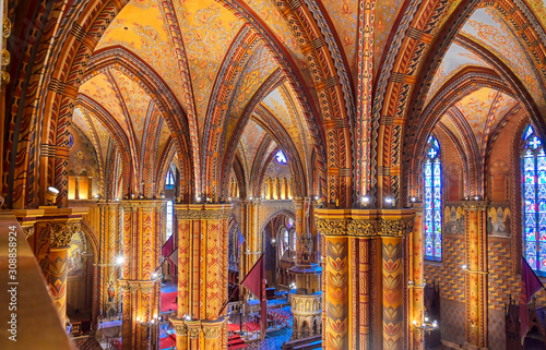 Canvas Print Budapest, Hungary - May 24, 2019 - The interior of the Church of the Assumption of the Buda Castle, more commonly known as the Matthias Church, located in Budapest, Hungary
