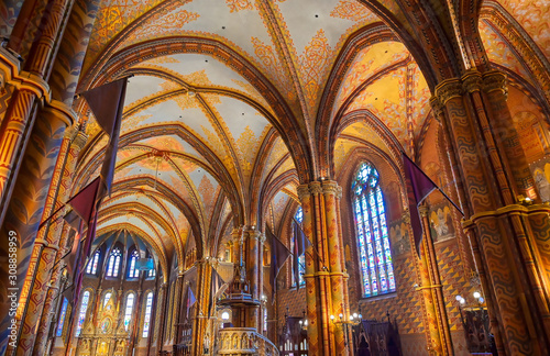 Budapest, Hungary - May 24, 2019 - The interior of the Church of the Assumption of the Buda Castle, more commonly known as the Matthias Church, located in Budapest, Hungary.