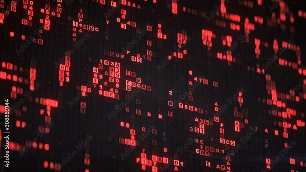Red HEX computer code. Futuristic information technology concept. Seamless loop 3D render animation with DOF