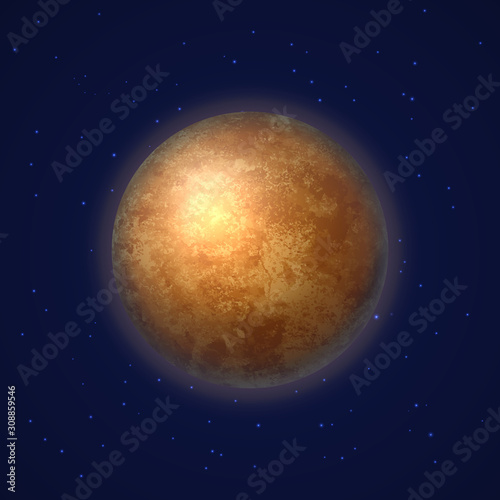 Mercury planet on deep blue space background. Colorful first planet of solar system. Galaxy discovery and exploration. Realistic cosmic vector illustration for design school education materials.