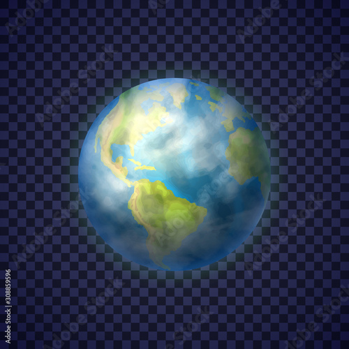 Earth planet with green continents and ocean on transparent background. Third planet of solar system. Galaxy discovery and exploration. Realistic cosmic vector illustration for education materials.