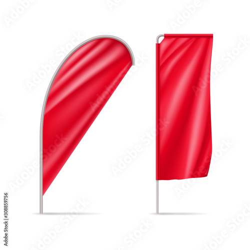 Red drop and rectangular flags isolated on white background. Realistic expo banners for outdoor presentation, exhibition or sport competition. Product advertising and promotion vector illustration.