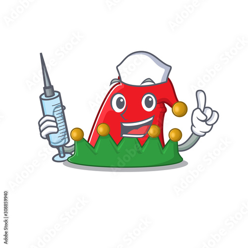 Cute Nurse elf hat character cartoon style with syringe