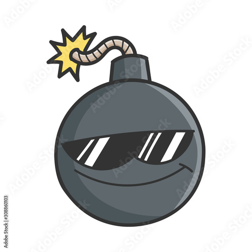 Cool sunglasses cartoon bomb with burning wick isolated on white