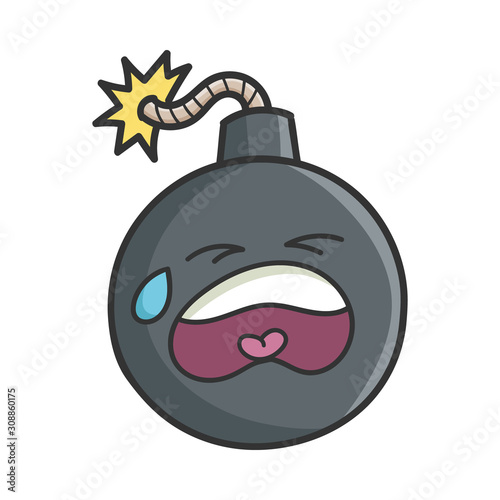 Crying cartoon bomb with burning wick isolated on white