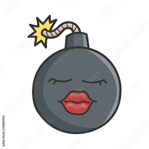 Sexy red lips cartoon bomb with burning wick isolated on white