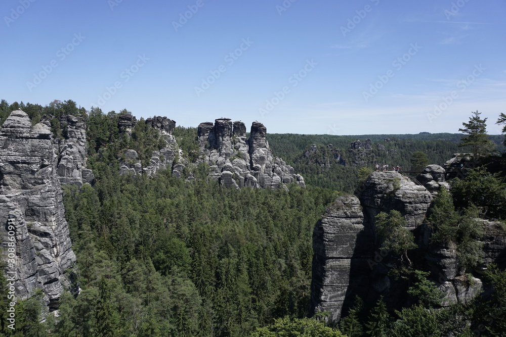 View over the famous sandstone rock of the Wehlgrund in Saxon Switzerland View over the famous sandstone rock of the Wehlgrund in Saxon Switzerland
